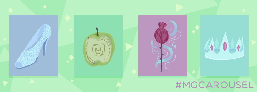 Bookmark for July 2018 features fairy tale things including a heeled shoe, a poisoned apple, an enchanted rose, and a bejeweled crown.