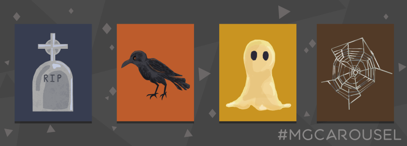 Bookmark for October 2018 features spooky things, including a gravestone, a crow, a ghost, and a spider's web.