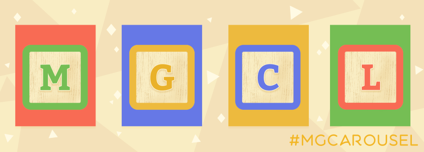 Bookmark for February 2019 features wooden alphabet blocks with the letters MGCL (to indicate Middle Grade Carousel)