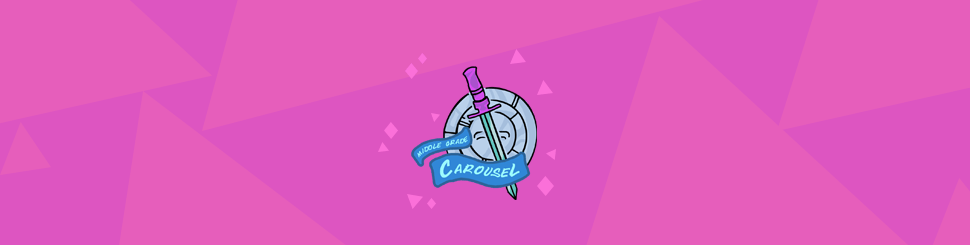 Header for March 2019: Graphic Novels features the Middle Grade Carousel banner and a sword and shield.