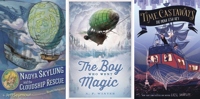 Book covers for Nadya Skylung and the Cloudship Rescue, The Boy Who Went Magic, and Time Castaways: The Mona Lisa Key