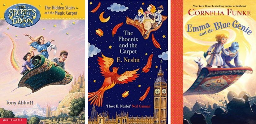Book covers for The Secrets of Droon: The Hidden Stairs and the Magic Carpet, The Phoenix and the Carpet, and Emma and the Blue Genie