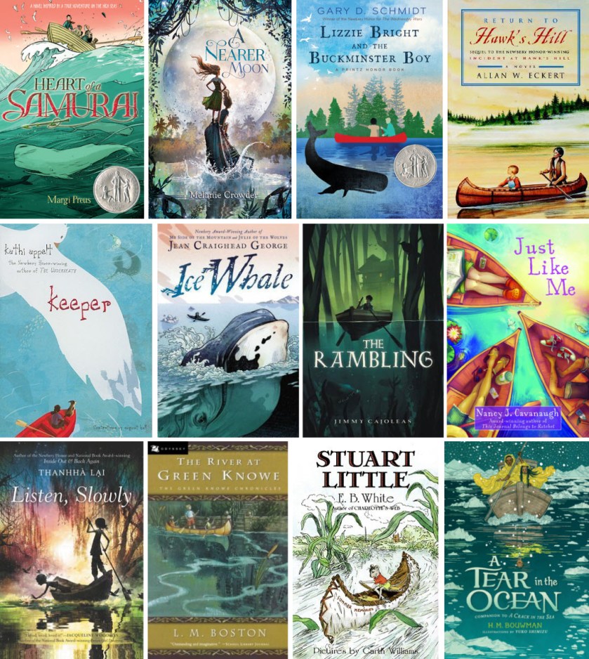 Book covers for Heart of a Samurai; A Nearer Moon; Lizzie Bright and the Buckminster Boy; Return to Hawk's Hill; Keeper; Ice Whale; The Rambling; Just Like Me; Listen, Slowly; The River at Green Knowe; Stuart Little; and A Tear in the Ocean