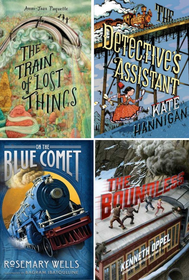 Book covers for The Train of Lost Things, The Detective's Assistant, On the Blue Comet, and The Boundless