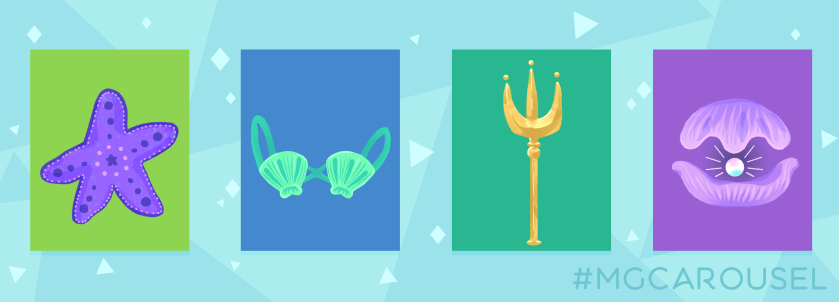 Bookmark for May 2019 features illustrations of mermaid-related things, including a sea star, a seashell bikini top, a golden trident, and an oyster with a pearl.