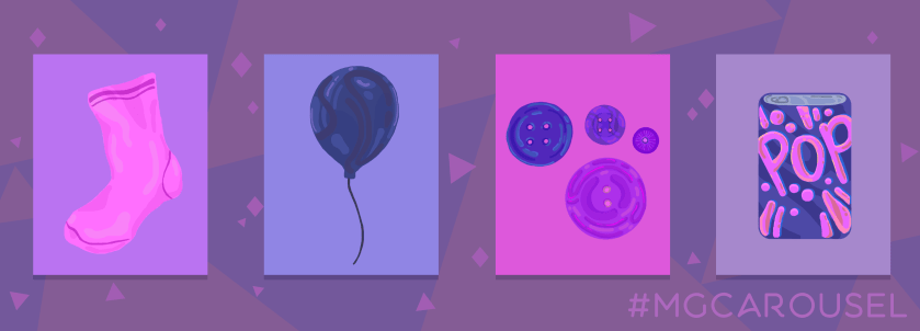 Bookmark for June 2019 features illustrations of purple things, including a sock, a balloon, some buttons, and a can of soda pop.