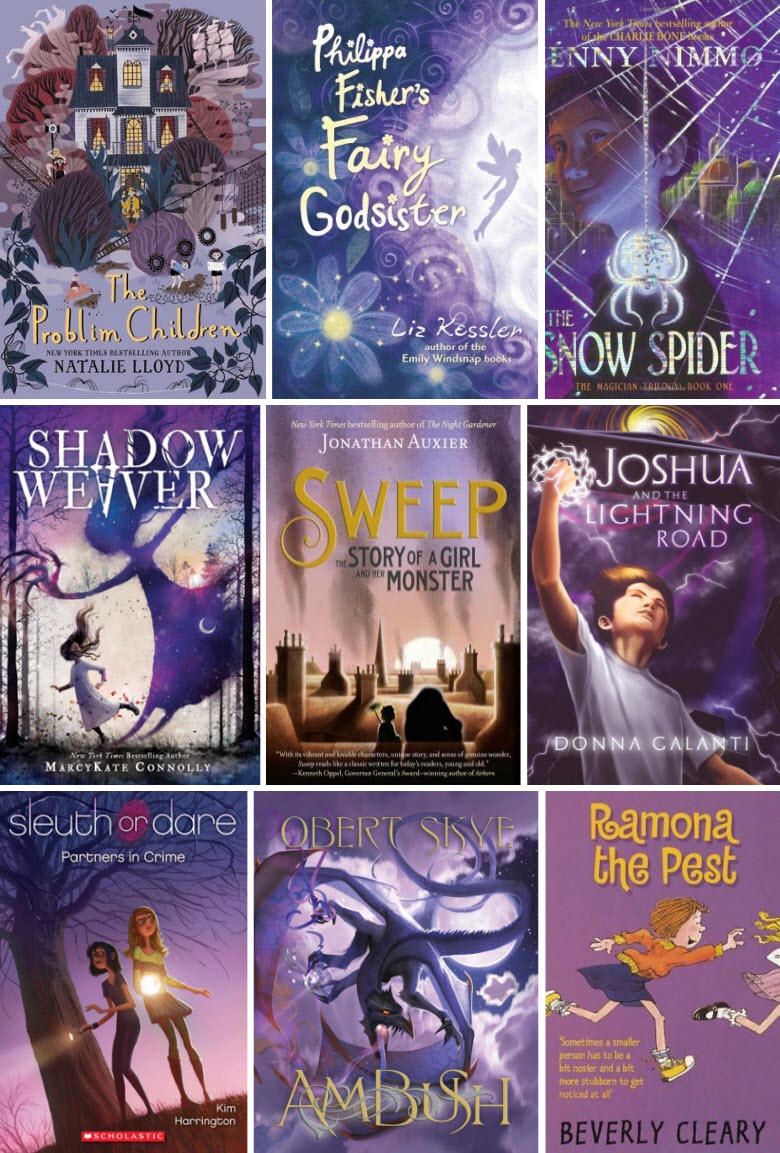 Book covers for The Problim Children by Natalie Lloyd, Philippa Fisher's Fairy Godsister by Liz Kessler, The Snow Spider by Jenny Nimmo, Shadow Weaver by MarcyKate Connolly, Sweep: The Story of a Girl and Her Monster by Jonathan Auxier, Joshua and the Lightening Road by Donna Galanti, Sleuth or Dare: Partners in Crime by Kim Harrington, Ambush by Obert Skye, and Ramona the Pest by Beverly Cleary