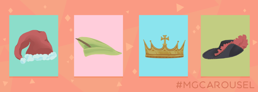 Bookmark for August 2019 features illustrations of hats worn by famous fictional figures, including Santa's hat, Robin Hood's cap, a royal crown, and a musketeer's plumed cavalier hat.