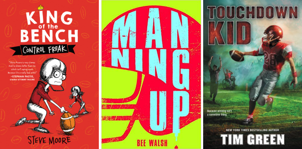 Book covers for Control Freak by Steve Moore; Manning Up by Bee Walsh; and Touchdown Kid by Tim Green