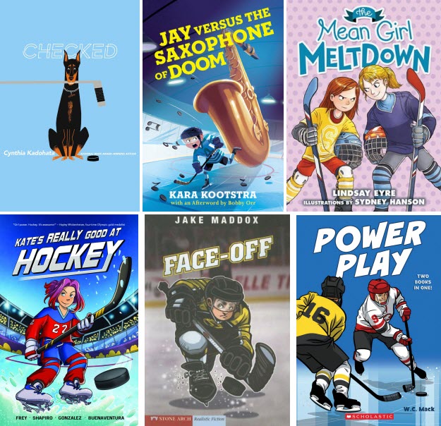 Book covers for Checked by Cynthia Kadohata; Jay Versus the Saxophone of Doom by Kara Kootstra; The Mean Girl Meltdown by Lindsay Eyre; Kate's Really Good At Hockey; Face-Off by Jake Maddox; and Power Play by W. C. Mack