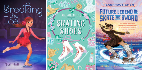 Book covers for Breaking the Ice by Gail Nall; Skating Shoes by Noel Streatfeild; and Peasprout Chen: Future Legend of Skate and Sword by Henry Lien