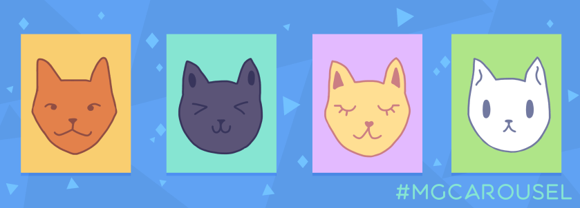 Bookmark for October 2019 features illustrations of cats drawn in different colors and with unique expressions.