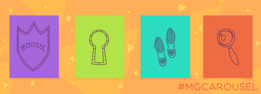 Bookmark for November 2019 features illustrations of detective-related things, including a detective's badge; a keyhole; footprints; and a spyglass.