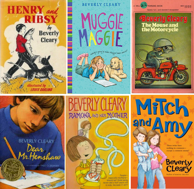 Book covers for Henry and Ribsy; Muggie Maggie; The Mouse and the Motorcycle; Dear Mr. Henshaw; Ramona and Her Mother; and Mitch & Amy by Beverly Cleary