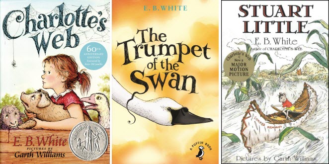 Book covers for Charlotte's Web; The Trumpet of the Swan; and Stuart Little by E.B. White