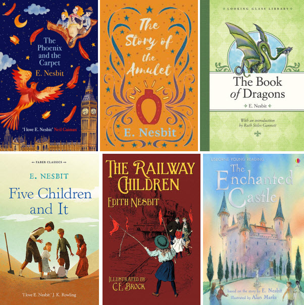 Book covers for The Phoenix and the Carpet; The Story of the Amulet; The Book of Dragons; Five Children and It; The Railway Children; and The Enchanted Castle by E. Nesbit