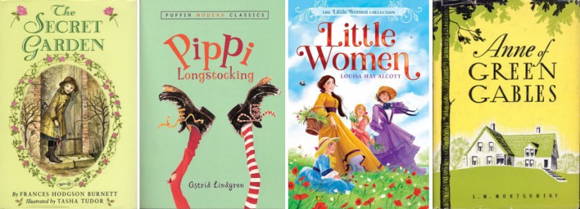 Book covers for The Secret Garden by Frances Hodgson Burnett; Pippi Longstocking by Astrid Lindgren; Little Women by Louisa May Alcott; and Anne of Green Cables by L. M. Montgomery