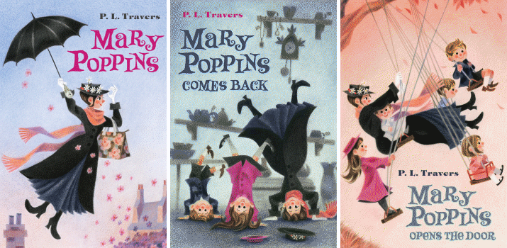 Book covers for Mary Poppins, Mary Poppins Comes Back, and Mary Poppins Opens the Door by P. L. Travers