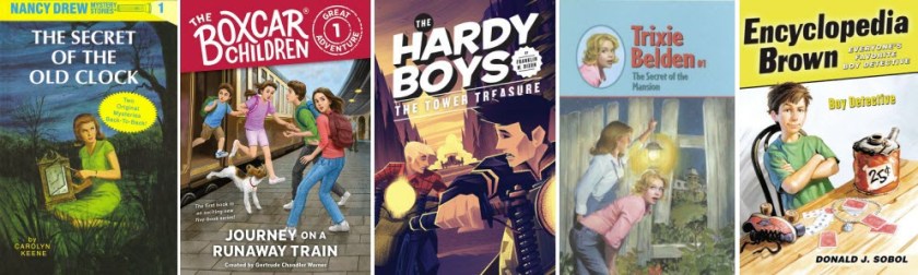 Book covers for Nancy Drew: The Secret of the Old Clock by Carolyn Keene; The Boxcar Children: Journey on a Runaway Train by Gertrude Chandler Warner; The Hard Boys: The Tower Treasure by Franklin W. Dixon; Trixie Belden: The Secret of the Mansion; and Encyclopedia Brown: Boy Detective by Donald J. Sobol
