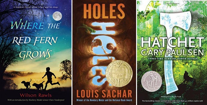 Book covers for Where the Red Fern Grows by Wilson Rawls, HOLES by Louis Sachar, and HATCHET by Gary Paulsen