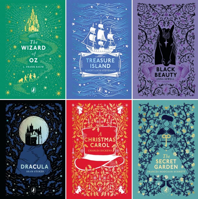 Book covers for The Wizard of Oz by L. Frank Baum; Treasure Island by Robert Louis Stevenson; Black Beauty by Anna Sewell; Dracula by Bram Stoker; A Christmas Carol by Charles Dickens; and The Secret Garden by Frances Hodgson Burnett