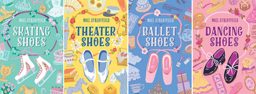 Book covers for Skating Shoes; Theater Shoes; Ballet Shoes; and Dancing Shoes by Noel Streatfeild