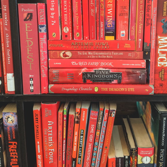 Bookstagram photo featuring red books on a shelf
