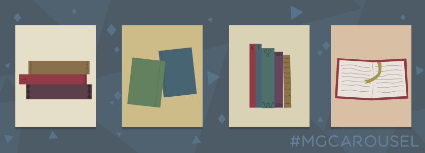 Bookmark for February 2020 features illustrations of books in various piles and positions.
