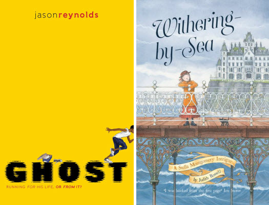 book covers for GHOST by Jason Reynolds and Withering-by-Sea by Judith Rossell