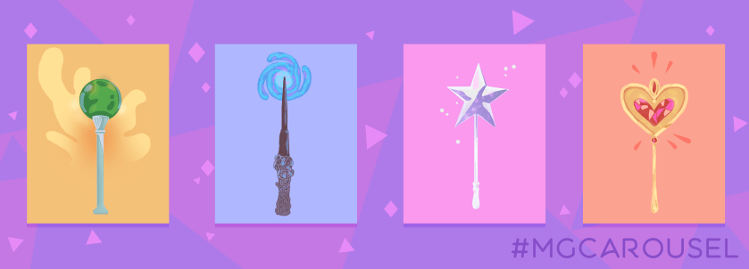 Bookmark for April 2020 features illustrations of magical wands including a sorcerer's staff, a Harry Potter-style wooden wand, a magic girl magic stick in the shape of a star, and a heart-shaped scepter.