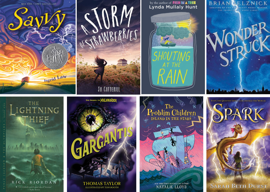 Book covers for Savvy by Ingrid Law; A Storm of Strawberries by Jo Cotterill; Shouting at the Rain by Lynda Mullaly Hunt; Wonderstruck by Brian Selznick; The Lightening Thief by Rick Riordan; The Problem Children: Island in the Stars by Natalie Lloyd; and Spark by Sarah Beth Durst