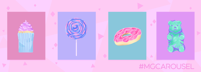 Bookmark for June 2020 features illustrations of sweet things, including a cupcake, a swirling lollipop, a frosted doughnut, and a gummy bear candy.