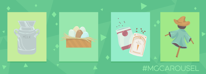 Bookmark for August 2020 features farm themed illustrations including a milk canister, a nest with hen's eggs, seed packets, and a scarecrow.