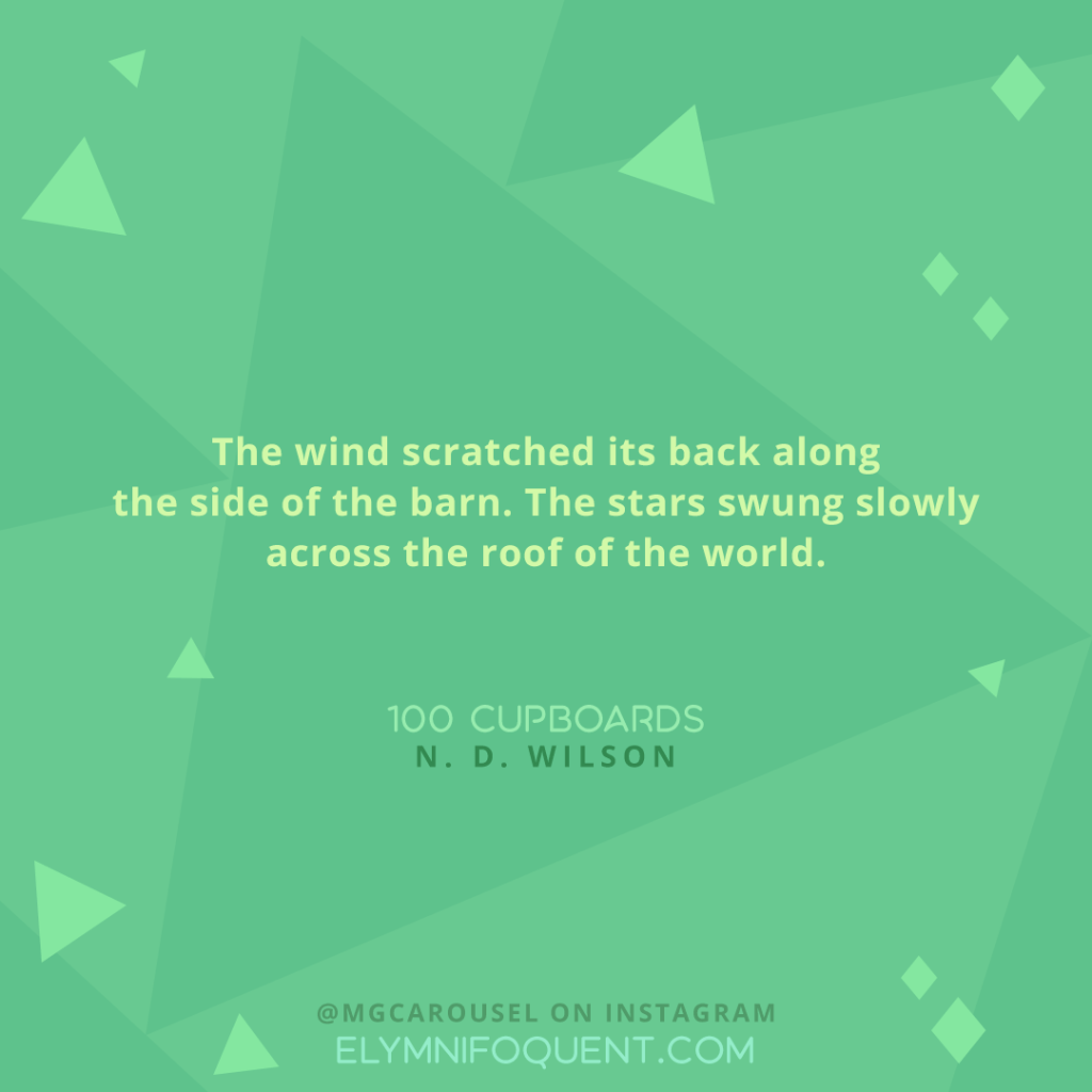 "The wind scratched its back along the side of the barn. The stars swung slowly across the roof of the world." -100 Cupboards by N. D. Wilson