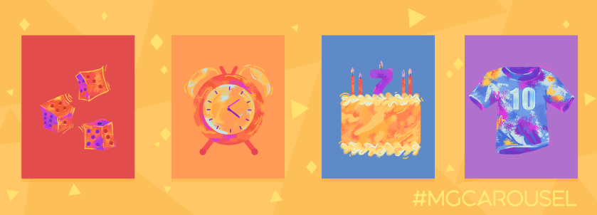 Bookmark for September 2020 features number themed illustrations including colorful game dice, an antique-style alarm clock, a birthday cake with candles, and a sport's jersey.