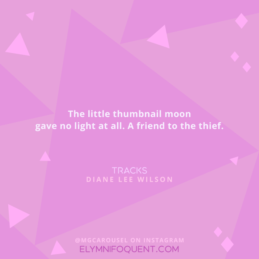 The little thumbnail moon gave no light at all. A friend to the thief. —TRACKS by Diane Lee Wilson