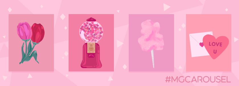 Bookmark for February 2021 features illustrations of pink things, including a pair of tulip flowers; a gumball machine; cotton candy; and a Valentine's Day card.