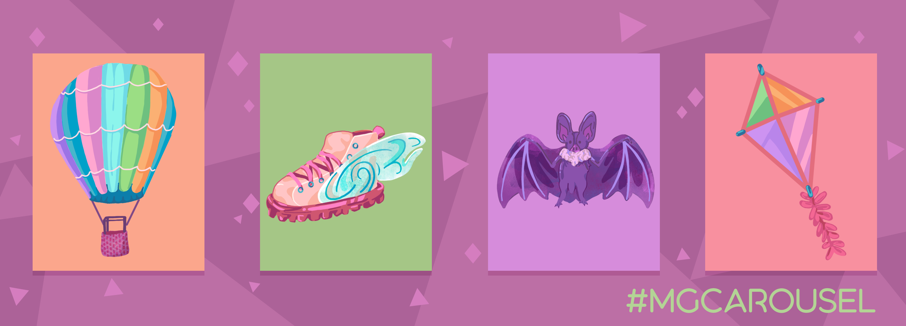 Bookmark for September 2021 features illustrations of flying things, including a hot air balloon; a winged combat boot, a bat, and a kite.