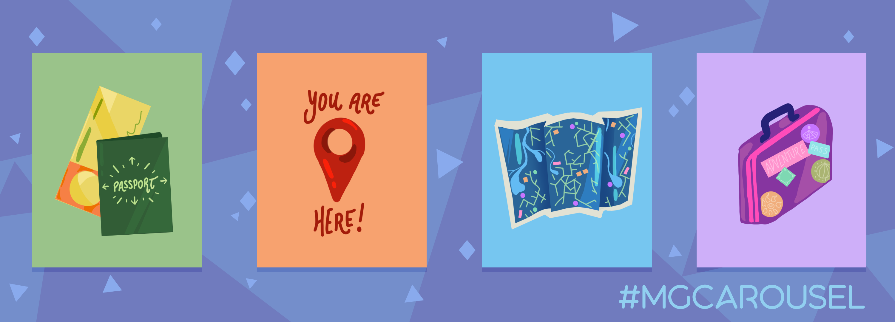 Bookmark for December 2021 features travel-themed illustrations, including a passport and boarding ticket, a You Are Here symbol with hand-lettered text, a tri-fold map, and a suitcase decorated with stickers.