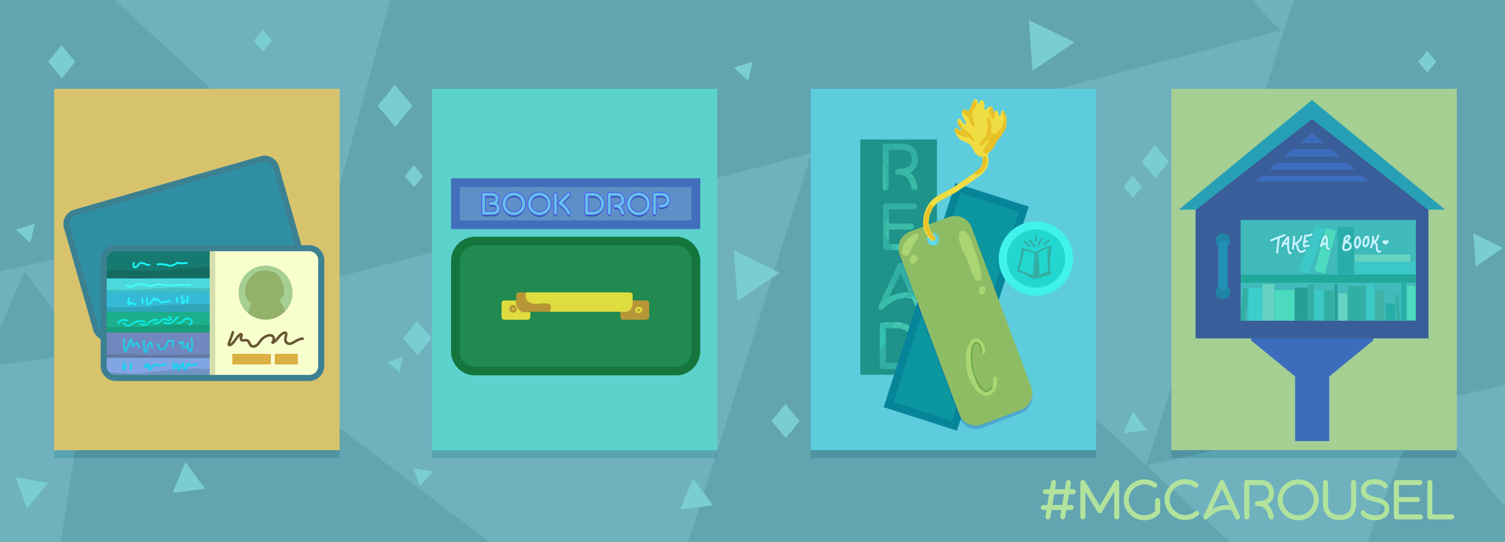 Bookmark for January 2022 features library themed illustrations, including a library card, a book drop box, a pile of bookmarks, and a little free library box.