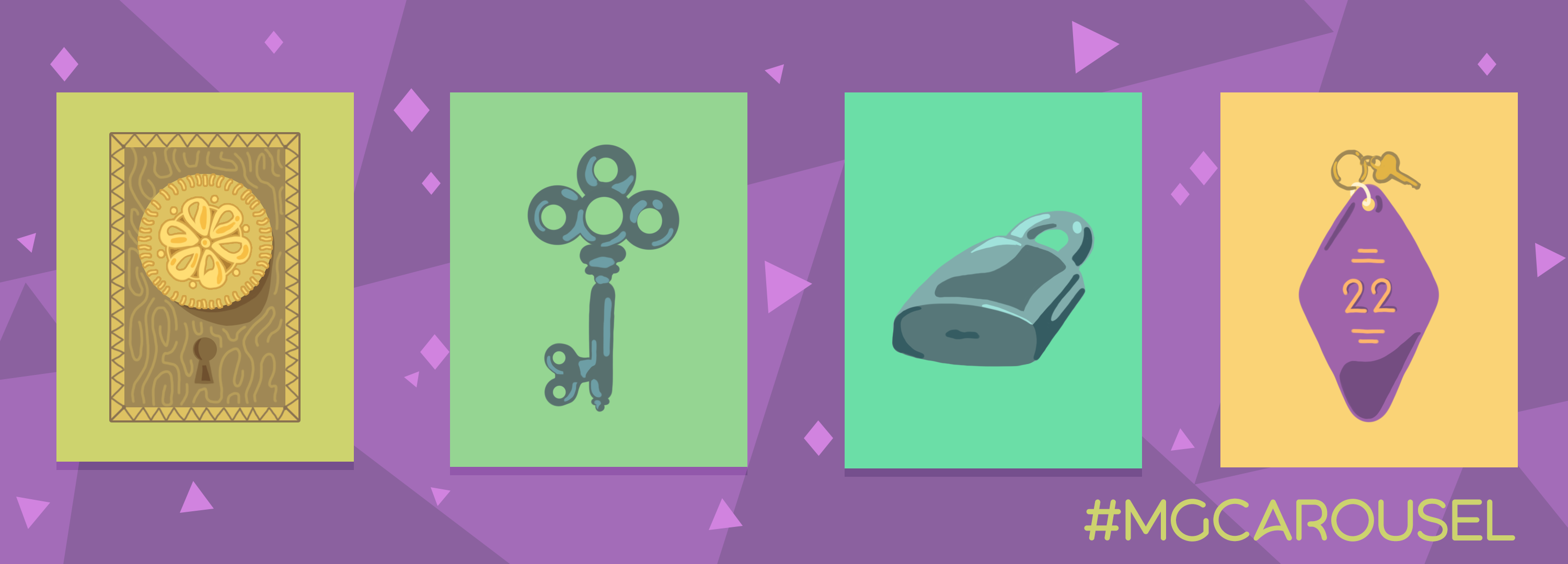 Bookmark for May 2022 features lock and key themed illustrations, including an antique doorknob and plate, a skeleton key, a padlock, and a hotel key tag.