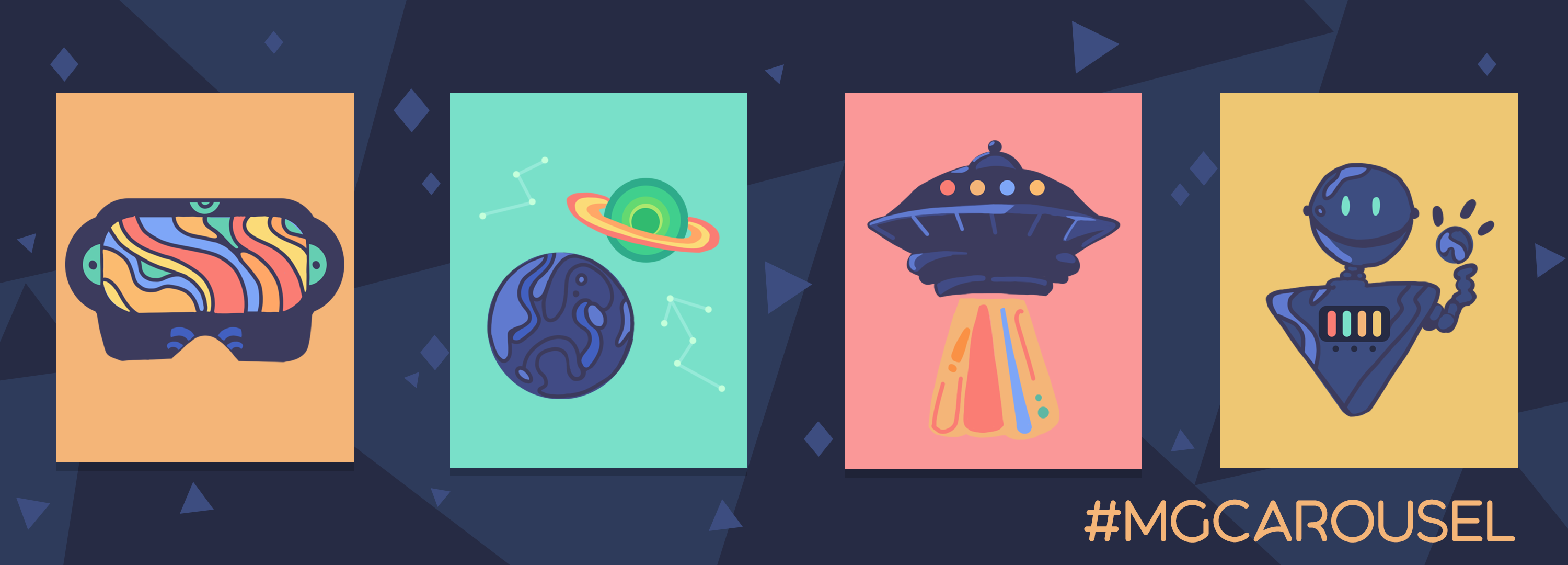 Bookmark for June 2022 features Sci-Fi themed illustrations, including VR goggles, planets, a UFO, and a friendly robot.