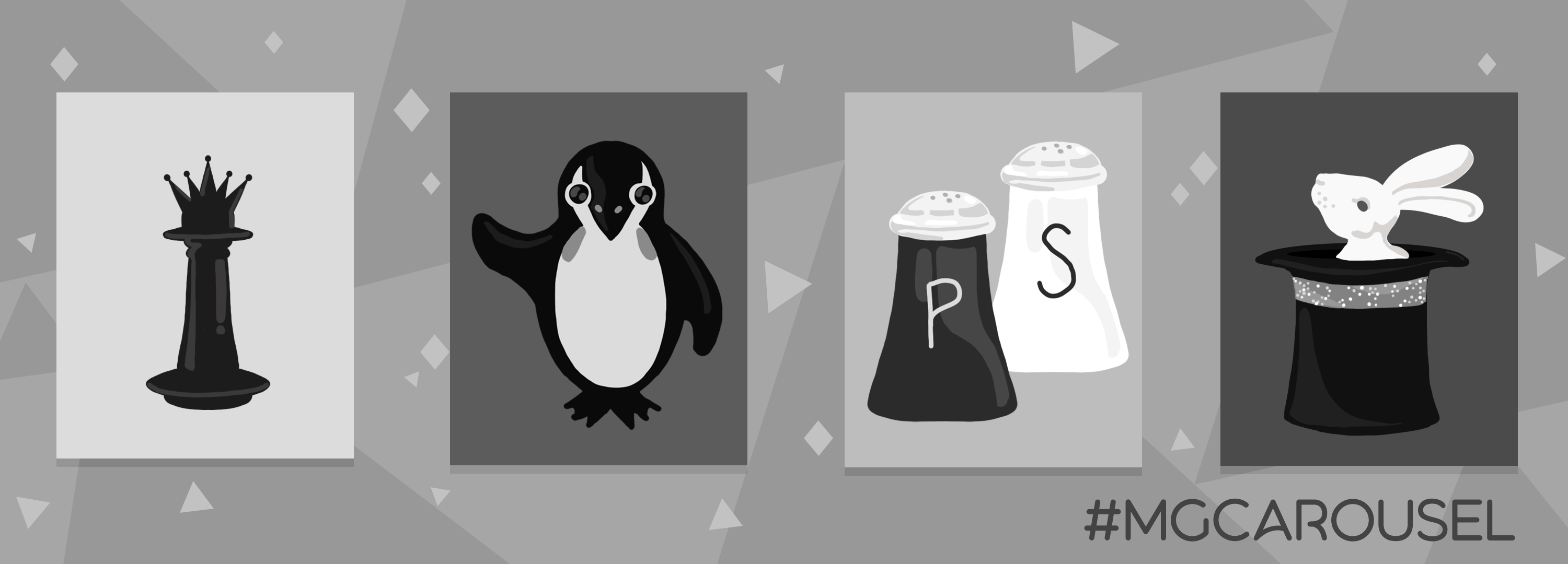 Bookmark for November 2022 features illustrations of black and white things, including the Queen chess piece, a penguin, salt and pepper shakers, and a white rabbit peeking out from a magician's top hat.