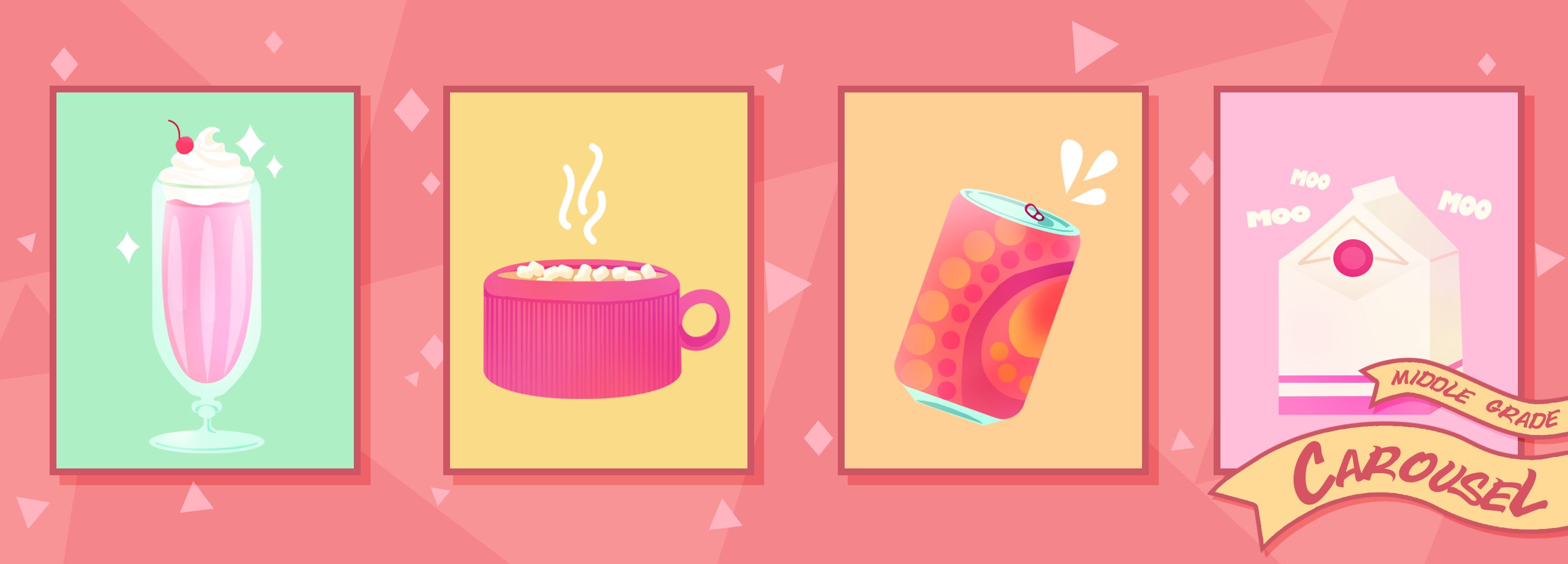 Bookmark for February 2023 features illustrations of beverages, including a strawberry milkshake, hot cocoa, a can of soda, and a milk carton.