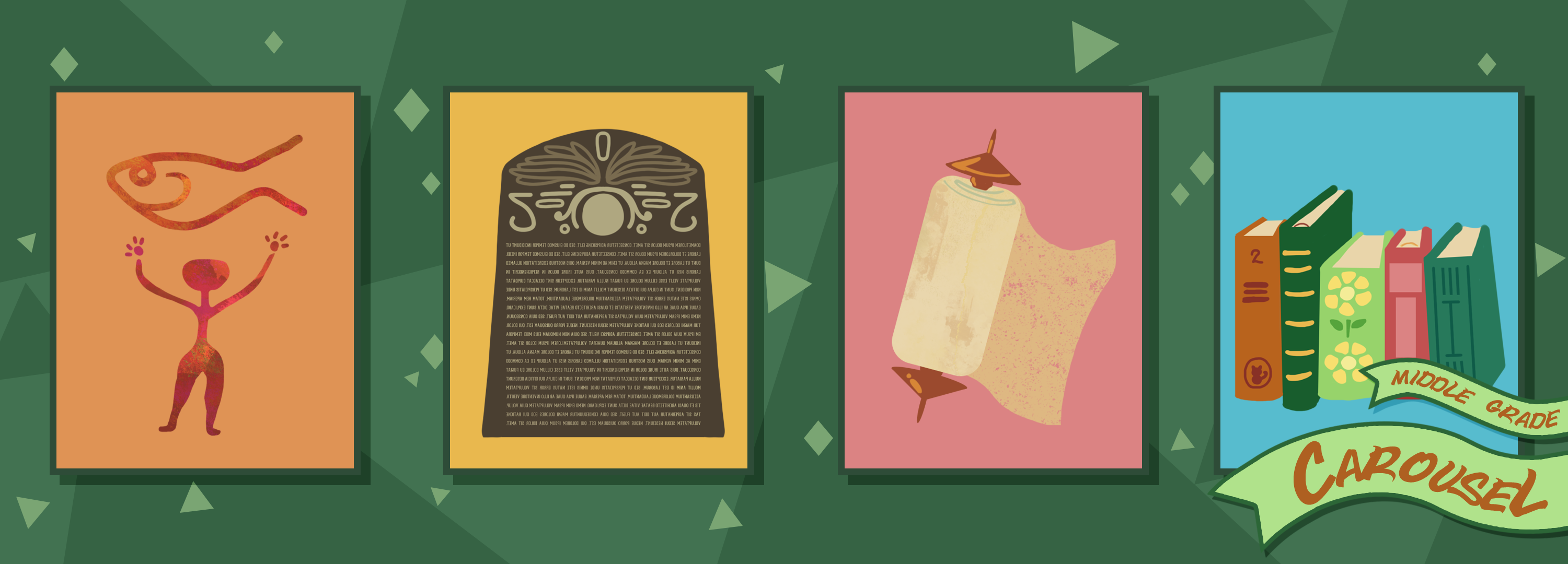 Bookmark for March 2023 features illustrations inspired by neolithic cave art, an Egyptian stone tablet, ancient scrolls from Rome, and hardcover books.