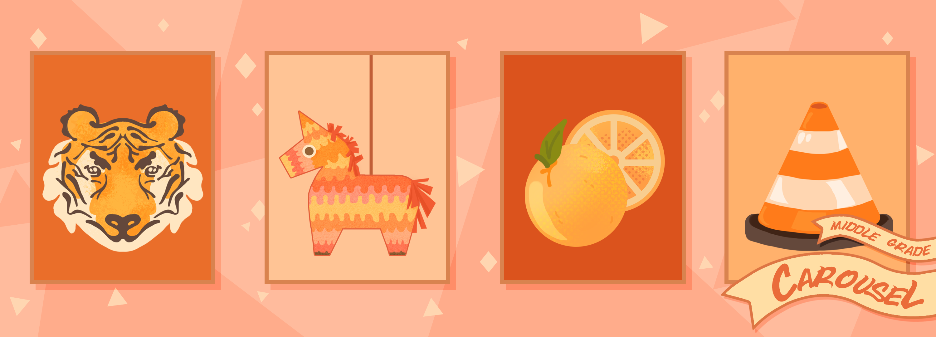 Bookmark for April 2023 features illustrations of orange items, including a tiger, piñata, citrus fruit, and a traffic cone.