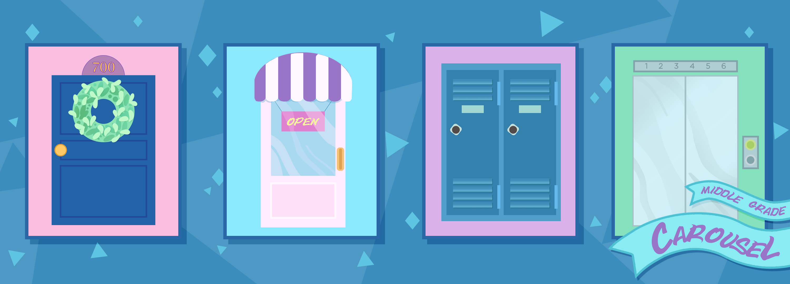 Bookmark for May 2023 features illustrations of doors, including a wreathed home entryway, a shop door with an awning, school lockers, and an elevator.