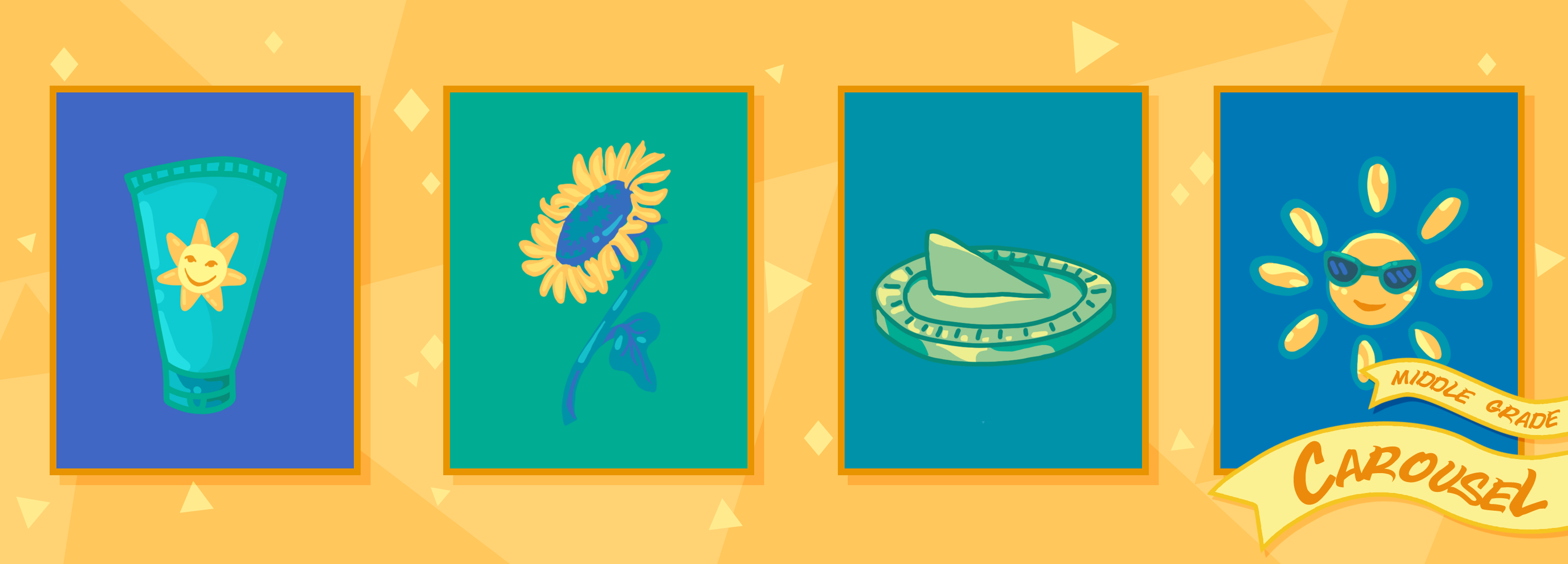 Bookmark for June 2023 features illustrations of sun-related items, including a bottle of sun block, a sunflower, a sun dial, and a cartoon sun in sunglasses.