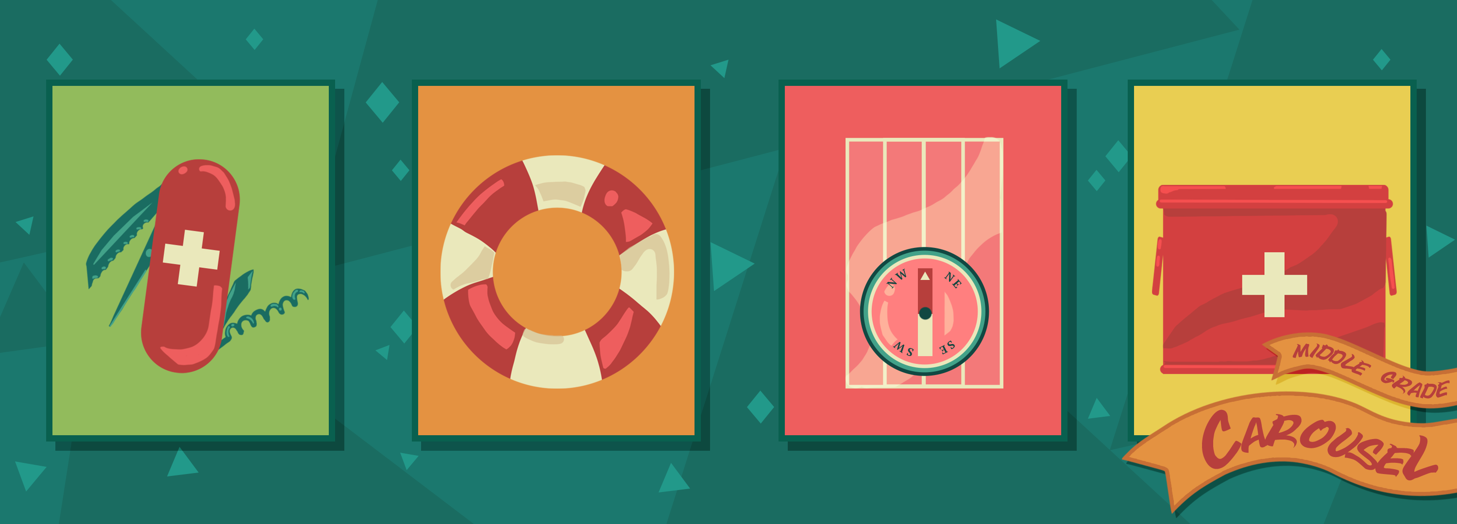 Bookmark for July 2023 features illustrations of survival-related items, including a Swiss Army pocket knife, a life preserver flotation device, a compass used for map-reading, and a First Aid kid.