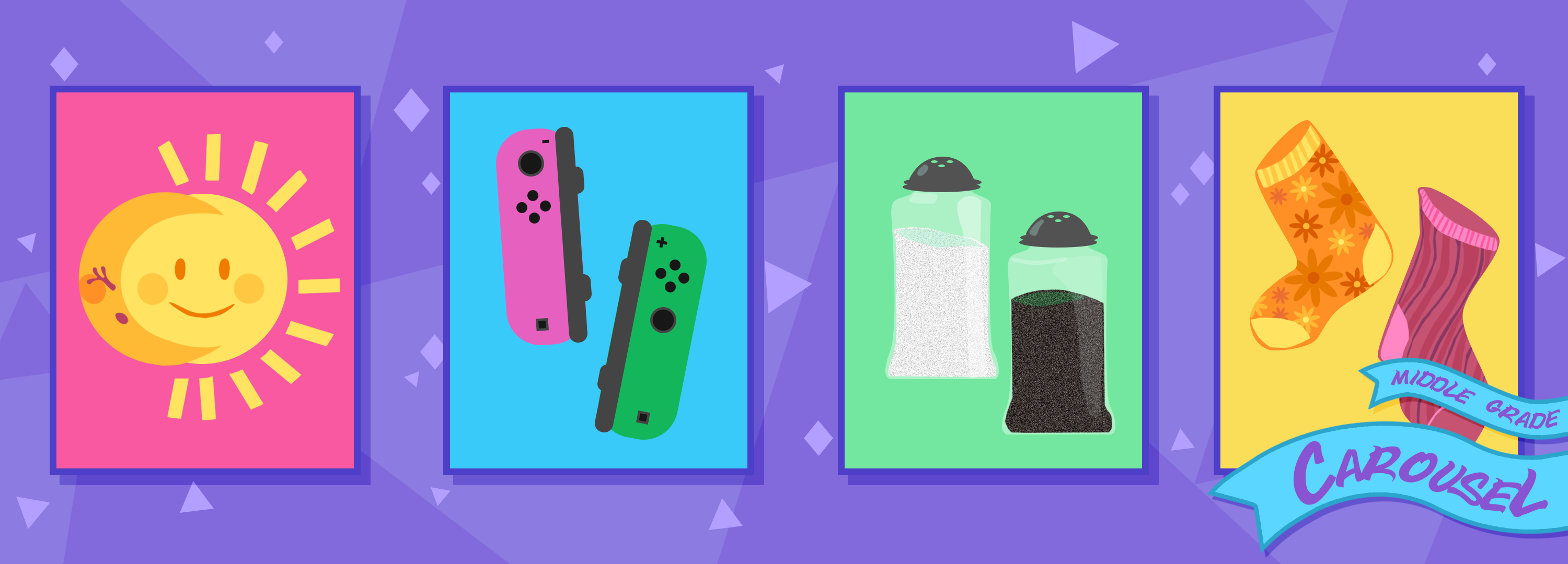 Bookmark for August 2023 features illustrations of paired items, including a cartoony sun and moon, Nintendo Switch Joycon game controllers, salt and pepper shakers, and mismatched socks.